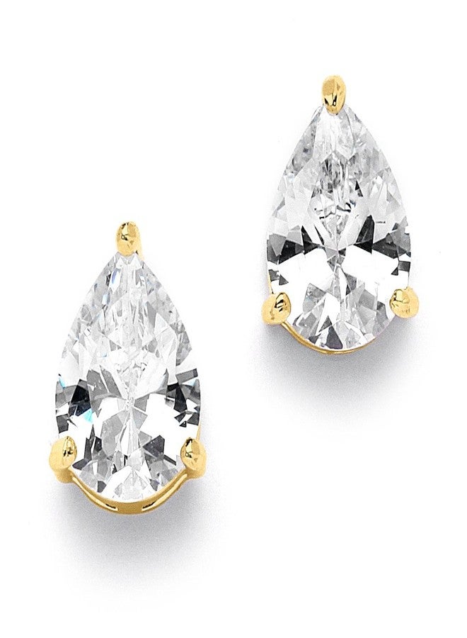 Mariell Gold Cubic Zirconia Stud Earrings, Pear Shape CZ Crystal, 2 Carat Imitation Diamond Stud Earring - Image 1